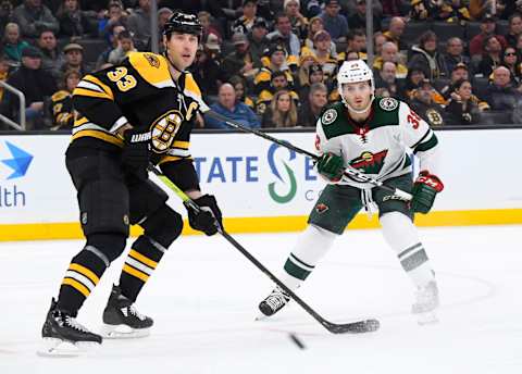 BOSTON, MA – NOVEMBER 23: Zdeno Chara #33 of the Boston Bruins watches the play with Ryan Hartman #38 of the Minnesota Wild at the TD Garden on November 23, 2019 in Boston, Massachusetts. (Photo by Brian Babineau/NHLI via Getty Images)