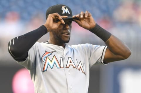 WASHINGTON, DC – JULY 05: Cameron Maybin #1 of the Miami Marlins looks on before a baseball game against the Washington Nationals at Nationals Park on July 5, 2018 in Washington, DC. The Nationals won 14-12. (Photo by Mitchell Layton/Getty Images)