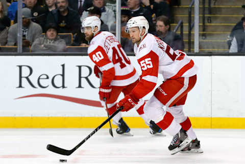 BOSTON, MA – MARCH 06: Detroit Red Wings defenseman Niklas Kronwall (55) carries the puck during a game between the Boston Bruins and the Detroit Red Wings on March 6, 2018, at TD Garden in Boston, Massachusetts. The Bruins defeated the Red Wings 6-5 (OT). (Photo by Fred Kfoury III/Icon Sportswire via Getty Images)