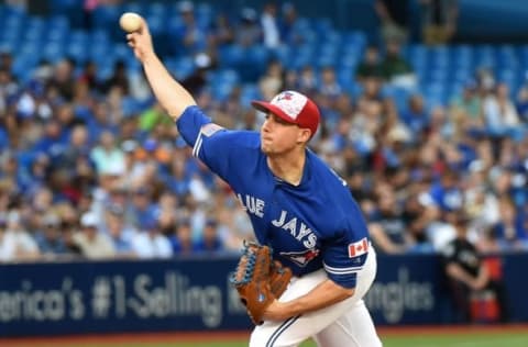 Jul 4, 2016; Toronto, Ontario, CAN; Toronto Blue Jays starting pitcher Aaron Sanchez (41) delivers a pitch against Kansas City Royals at Rogers Centre. Mandatory Credit: Dan Hamilton-USA TODAY Sports