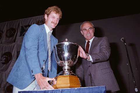 MONTREAL, CANADA- 1983: Rod Langway of the Washington Capitals poses with the Norris Trophy after being named the Top Defenseman in the NHL during the 1983 season at the Montreal Forum in Montreal, Quebec, Canada. (Photo by Denis Brodeur/NHLI via Getty Images)