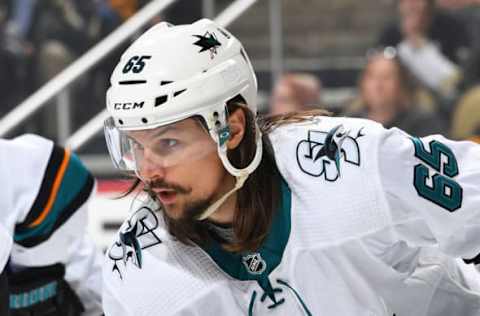 PITTSBURGH, PA – FEBRUARY 21: Erik Karlsson #65 of the San Jose Sharks skates against the Pittsburgh Penguins at PPG Paints Arena on February 21, 2019 in Pittsburgh, Pennsylvania. (Photo by Joe Sargent/NHLI via Getty Images)