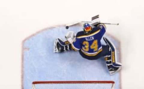 May 23, 2016; St. Louis, MO, USA; St. Louis Blues goalie Jake Allen (34) makes a save in net against the San Jose Sharks in the second period in game five of the Western Conference Final of the 2016 Stanley Cup Playoffs at Scottrade Center. The Sharks won 6-3. Mandatory Credit: Aaron Doster-USA TODAY Sports