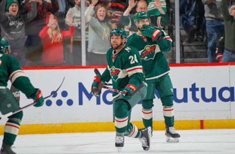 SAINT PAUL, MN – FEBRUARY 4: Matt Dumba #24 of the Minnesota Wild celebrates after scoring the game-winning goal in overtime against the Chicago Blackhawks during the game at the Xcel Energy Center on February 4, 2020, in Saint Paul, Minnesota. (Photo by Bruce Kluckhohn/NHLI via Getty Images)