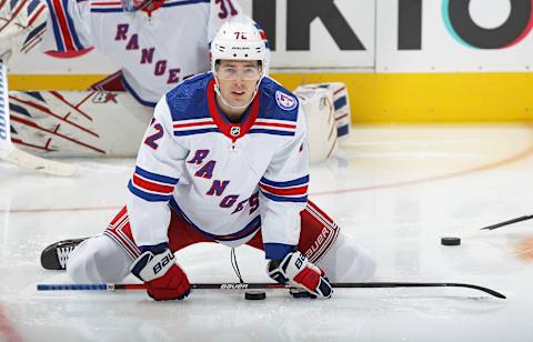 TORONTO, ON – OCTOBER 18: Filip Chytil #72 of the New York Rangers stretches prior to playing against the Toronto Maple Leafs in an NHL game at Scotiabank Arena on October 18, 2021 in Toronto, Ontario, Canada. The Rangers defeated the Maple Leafs 2-1 in overtime. (Photo by Claus Andersen/Getty Images)