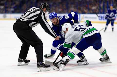 TAMPA, FLORIDA – JANUARY 13: Steven Stamkos #91 of the Tampa Bay Lightning faces off with Bo Horvat #53 of the Vancouver Canucks during a game at Amalie Arena on January 13, 2022, in Tampa, Florida. (Photo by Mike Ehrmann/Getty Images)