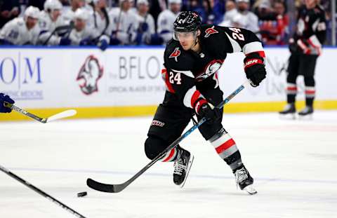 Mar 4, 2023; Buffalo, New York, USA; Buffalo Sabres center Dylan Cozens (24) controls the puck during the second period against the Tampa Bay Lightning at KeyBank Center. Mandatory Credit: Timothy T. Ludwig-USA TODAY Sports