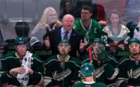 Oct 29, 2016; Saint Paul, MN, USA; Minnesota Wild head coach Bruce Boudreau in the third period against the Dallas Stars at Xcel Energy Center. The Minnesota Wild beat the Dallas Stars 4-0. Mandatory Credit: Brad Rempel-USA TODAY Sports