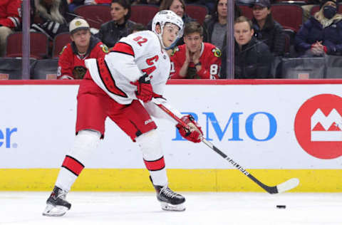 CHICAGO, ILLINOIS – NOVEMBER 03: Jesperi Kotkaniemi #82 of the Carolina Hurricanes controls the puck during a game against the Chicago Blackhawks at United Center on November 03, 2021, in Chicago, Illinois. (Photo by Stacy Revere/Getty Images)