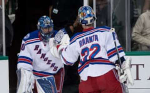 Dec 15, 2016; Dallas, TX, USA; New York Rangers goalie Henrik Lundqvist (30) and goalie Antti Raanta (32) during the game against the Dallas Stars at the American Airlines Center. The Rangers shut out the Stars 2-0. Mandatory Credit: Jerome Miron-USA TODAY Sports