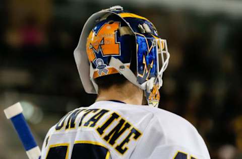 ANN ARBOR, MI – FEBRUARY 03: A general view of the back of the helmet of Michigan Wolverines goalie Jack LaFontaine (45) is seen during a regular season Big 10 Conference hockey game between the Wisconsin Badgers and Michigan Wolverines on February 3, 2018 at Yost Ice Arena in Ann Arbor, Michigan. (Photo by Scott W. Grau/Icon Sportswire via Getty Images)