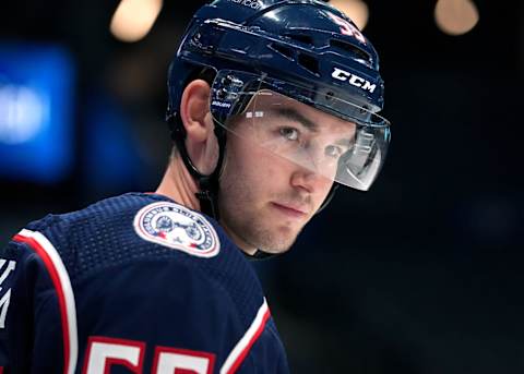 COLUMBUS, OHIO – OCTOBER 02: David Jiricek #55 of the Columbus Blue Jackets looks on during warmups prior to the preseason game against the St. Louis Blues at Nationwide Arena on October 02, 2023 in Columbus, Ohio. (Photo by Jason Mowry/Getty Images)