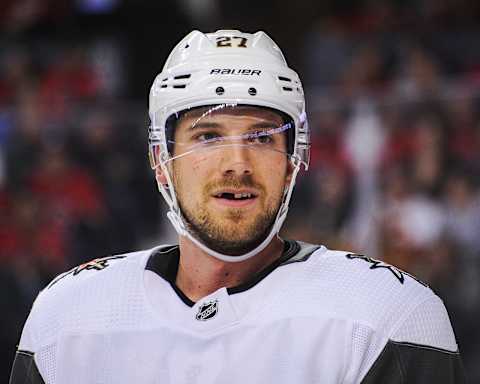 CALGARY, AB – MARCH 8: Shea Theodore #27 of the Vegas Golden Knights in action against the Calgary Flames during an NHL game at Scotiabank Saddledome on March 8, 2020 in Calgary, Alberta, Canada. (Photo by Derek Leung/Getty Images)