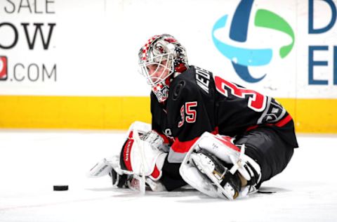 RALEIGH, NC – MARCH 30: Alex Nedeljkovic #35 of the Carolina Hurricanes is photographed during pregame warm ups prior to an NHL game on March 30, 2017 at PNC Arena in Raleigh, North Carolina. (Photo by Gregg Forwerck/NHLI via Getty Images)