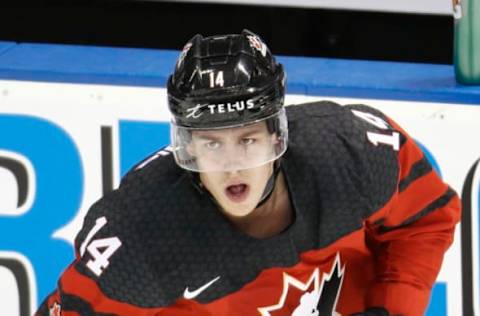 VICTORIA, BC – DECEMBER 19: Maxime Comtois #14 of Team Canada skates during the warmup prior to a game versus Team Switzerland at the IIHF World Junior Championships at the Save-on-Foods Memorial Centre on December 19, 2018, in Victoria, British Columbia, Canada. Canada defeated Switzerland 5-3. (Photo by Kevin Light/Getty Images)”n”n”n”n