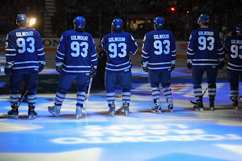 TORONTO – JANUARY 31: Toronto Maple Leafs players stand on the ice before the game against the Pittsburgh Penguins.  (Photo by Dave Sandford/Getty Images)