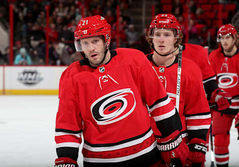 RALEIGH, NC – JANUARY 14: Lee Stempniak #21 of the Carolina Hurricanes skates back toward the bench after scoring a goal during an NHL game against the Calgary Flames on January 14, 2018 at PNC Arena in Raleigh, North Carolina. (Photo by Gregg Forwerck/NHLI via Getty Images)