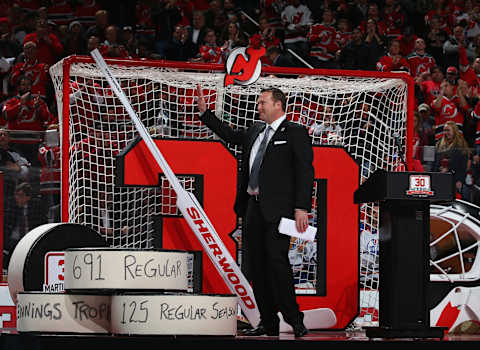 New Jersey Devils legend Martin Brodeur addresses the fans during his jersey retirement ceremony. (Photo by Elsa/Getty Images)