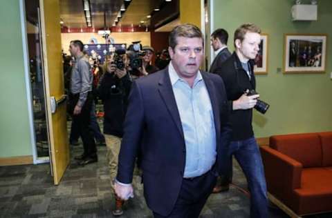 TORONTO, ON – JANUARY 6: Dave Nonis senior VP and GM of the Leafs, walks out of the press conference after announcing that he fired Randy Carlyle as coach of the Toronto Maple Leafs at the MasterCard Centre for Hockey Excellence. (David Cooper/Toronto Star via Getty Images)