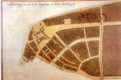 New Amsterdam in 1660, when Wall Street formed the northern border of the city. The Minetta Brook ran north of the city limits at that time.