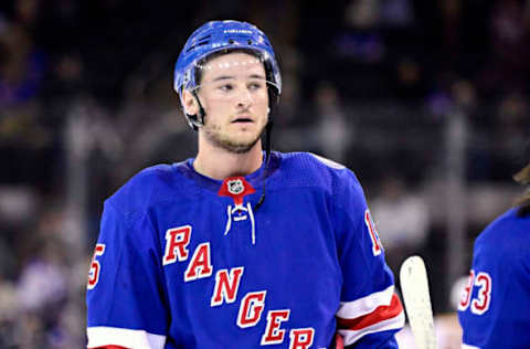 NEW YORK, NEW YORK – FEBRUARY 15: Julien Gauthier #15 of the New York Rangers looks on against the Boston Bruins at Madison Square Garden on February 15, 2022, in New York City. (Photo by Steven Ryan/Getty Images)