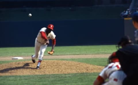 (Original Caption) First pitch of 1968 World Series is delivered by Cards Bob Gibson to Tigers Dick McAuliffe, who took it for a ball. Catcher is Tim McCarver, Umpire is Tom Gorman. McAuliffe struck out.