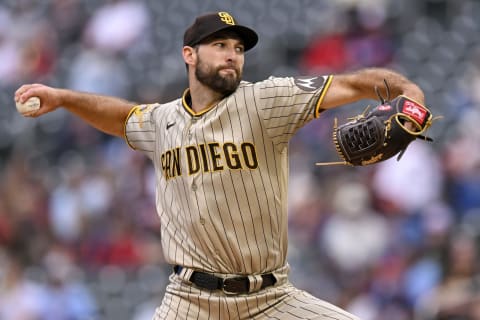 May 9, 2023; Minneapolis, Minnesota, USA; San Diego Padres pitcher Michael Wacha (52) delivers a pitch against the Minnesota Twins at Target Field. Mandatory Credit: Nick Wosika-USA TODAY Sports