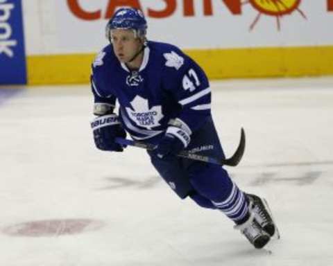 Jan 2, 2016; Toronto, Ontario, CAN; Toronto Maple Leafs forward Leo Komarov (47) during the pre game warm up against the St. Louis Blues at the Air Canada Centre. Mandatory Credit: John E. Sokolowski-USA TODAY Sports