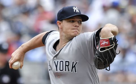 New York Yankees starting pitcher Sonny Gray throws in the sixth inning against the Kansas City Royals on Sunday, May 20, 2018, at Kauffman Stadium in Kansas City, Mo. (John Sleezer/Kansas City Star/TNS via Getty Images)