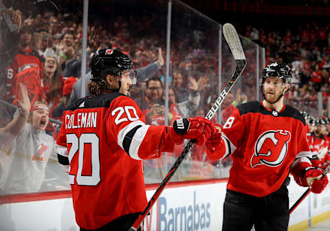 NEWARK, NEW JERSEY – FEBRUARY 08: Blake Coleman #20 of the New Jersey Devils celebrates his goal with teammate Damon Severson #28 in the second period against the Los Angeles Kings at Prudential Center on February 08, 2020 in Newark, New Jersey. (Photo by Elsa/Getty Images)