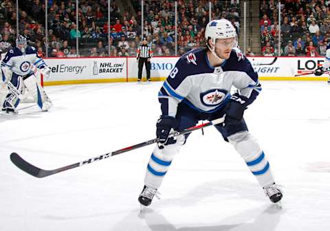 ST. PAUL, MN – APRIL 02: Jacob Trouba #8 of the Winnipeg Jets follows the play during a game with the Minnesota Wild at Xcel Energy Center on April 2, 2019, in St. Paul, Minnesota. (Photo by Bruce Kluckhohn/NHLI via Getty Images)