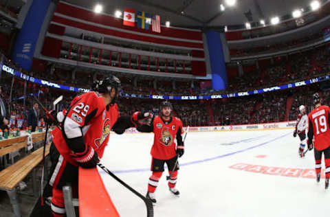 STOCKHOLM, SWE: Anaheim Ducks trade target Erik Karlsson #65 of the Ottawa Senators celebrates a goal against the Colorado Avalanche at Ericsson Globe on November 11, 2017. (Photo by Andre Ringuette/NHLI via Getty Images)