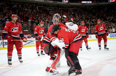 RALEIGH, NC – JANUARY 7: Petr Mrazek #34 of the Carolina Hurricanes participates in the Storm Surge with teammate James Reimer #47 after defeating the Philadelphia Flyers during an NHL game on January 7, 2020 at PNC Arena in Raleigh, North Carolina. (Photo by Gregg Forwerck/NHLI via Getty Images)