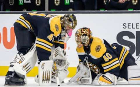 BOSTON, MA – OCTOBER 14: Boston Bruins goaltender Jaroslav Halak (41) and Boston Bruins goaltender Tuukka Rask (40) talk during warmups prior to the Anaheim Ducks and Boston Bruins NHL game on October 14, 2019, at TD Garden in Boston, MA. (Photo by John Crouch/Icon Sportswire via Getty Images)