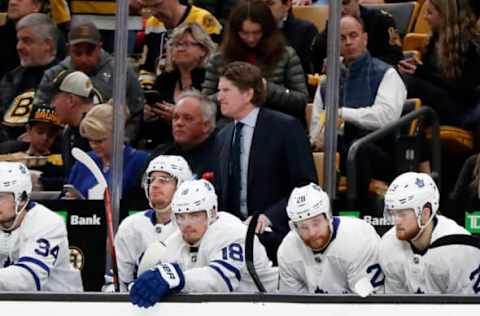 BOSTON, MA – APRIL 23: Toronto Maple Leafs head coach Mike Babcock grimaces on the bench during Game 7 of the 2019 First Round Stanley Cup Playoffs between the Boston Bruins and the Toronto Maple Leafs on April 23, 2019, at TD Garden in Boston, Massachusetts. (Photo by Fred Kfoury III/Icon Sportswire via Getty Images)