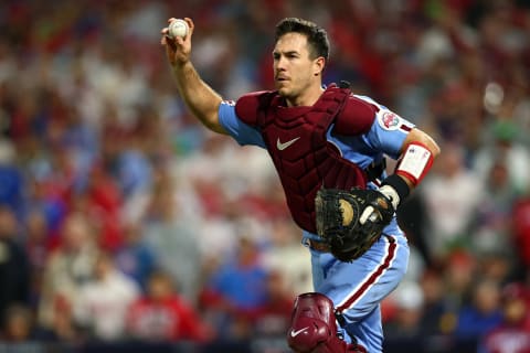 PHILADELPHIA, PENNSYLVANIA – NOVEMBER 03: J.T. Realmuto #10 of the Philadelphia Phillies looks to throw out Yuli Gurriel #10 of the Houston Astros during the seventh inning in Game Five of the 2022 World Series at Citizens Bank Park on November 03, 2022 in Philadelphia, Pennsylvania. (Photo by Elsa/Getty Images)