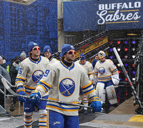 HAMILTON, ON – MARCH 13: The Buffalo Sabres hit the ice prior to action against the Toronto Maple Leafs during play in the 2022 Tim Hortons NHL Heritage Classic at Tim Hortons Field on March 13, 2022 in Hamilton, Ontario, Canada. The Sabres defeated the Maple Leafs 5-2. (Photo by Claus Andersen/Getty Images)