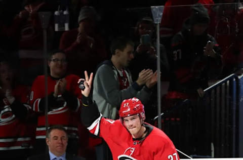 RALEIGH, NC – FEBRUARY 02: Carolina Hurricanes right wing Andrei Svechnikov (37) at the end of the 3rd period of the Carolina Hurricanes game versus the Vancouver Canucks on February 2nd, 2020 at PNC Arena in Raleigh, NC. (Photo by Jaylynn Nash/Icon Sportswire via Getty Images)