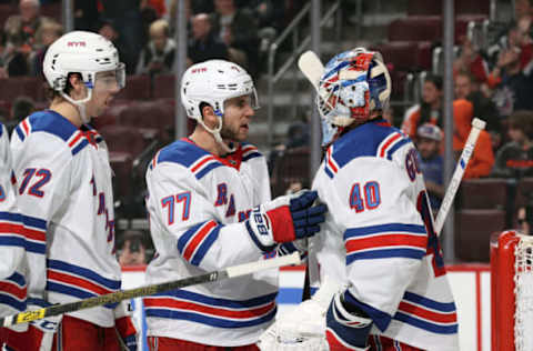 PHILADELPHIA, PA – MARCH 31: Filip Chytil #72, Tony DeAngelo #77, and Alexandar Georgiev #40 of the New York Rangers celebrate after defeating the Philadelphia Flyers 3-0 on March 31, 2019 at the Wells Fargo Center in Philadelphia, Pennsylvania. (Photo by Len Redkoles/NHLI via Getty Images)