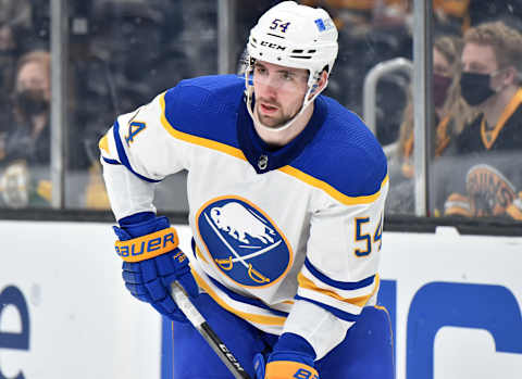 May 1, 2021; Boston, Massachusetts, USA; Buffalo Sabres defenseman Mattias Samuelsson (54) during the second period against the Boston Bruins at TD Garden. Mandatory Credit: Bob DeChiara-USA TODAY Sports