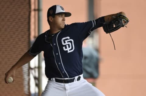 PEORIA, AZ – FEBRUARY 21: Cal Quantrill #72 of the San Diego Padres during a workout at the Peoria Sports Complex on February 21, 2018 in Peoria, Arizona. (Photo by Andy Hayt/San Diego Padres/Getty Images)