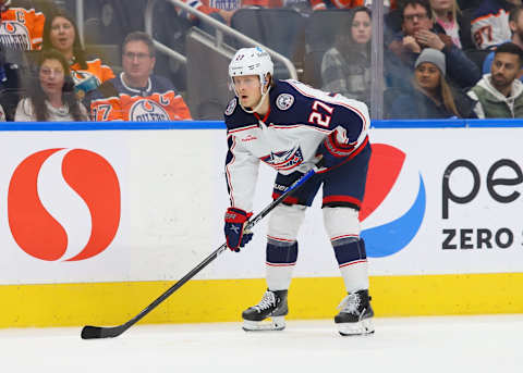 EDMONTON, CANADA – JANUARY 25: Adam Boqvist #27 of the Columbus Blue Jackets awaits a face off in the second period against the Edmonton Oilers on January 25, 2023 at Rogers Place in Edmonton, Alberta, Canada. (Photo by Lawrence Scott/Getty Images)