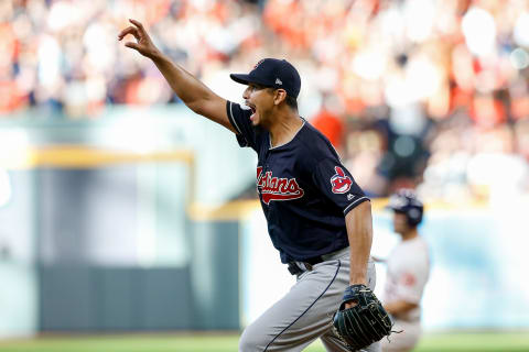 HOUSTON, TX – OCTOBER 06: Carlos Carrasco #59 of the Cleveland Indians reacts against the Houston Astros in the sixth inning during Game Two of the American League Division Series at Minute Maid Park on October 6, 2018 in Houston, Texas. (Photo by Tim Warner/Getty Images)