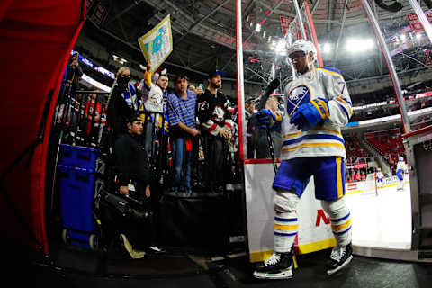 RALEIGH, NC – DECEMBER 02: Connor Clifton #75 of the Buffalo Sabres leaves the ice after warmups of the game against the Carolina Hurricanes at PNC Arena on December 02, 2023 in Raleigh, North Carolina. Hurricanes defeat Sabres 6-2. (Photo by Jaylynn Nash/Getty Images)