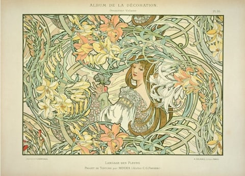 A color lithograph of Langage des Fleurs (Language of Flowers) by Alphonse Mucha, 1900.