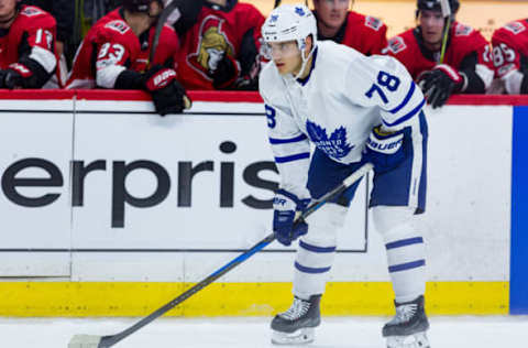 OTTAWA, ON – SEPTEMBER 18: Toronto Maple Leafs defenseman Timothy Liljegren (78) sets up for the faceoff during first period National Hockey League preseason action between the Toronto Maple Leafs and Ottawa Senators on September 18, 2017, at Canadian Tire Centre in Ottawa, ON, Canada. (Photo by Richard A. Whittaker/Icon Sportswire via Getty Images)