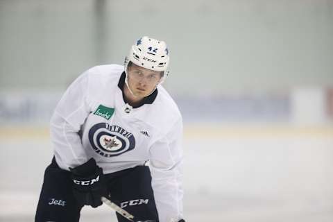 WINNIPEG, MB – JUNE 27: Winnipeg Jets forward Kristian Vesalainen (42) takes part in a drill during the Winnipeg Jets Development Camp on June 27, 2018 at the Bell MTS Iceplex in Winnipeg MB. (Photo by Terrence Lee/Icon Sportswire via Getty Images)