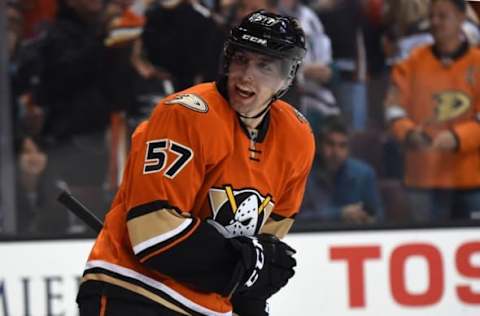 Feb 28, 2016; Anaheim, CA, USA; Anaheim Ducks left wing David Perron (57) celebrates after scoring a goal against the Los Angeles Kings during an NHL game at Honda Center. The Ducks defeated the Kings 4-2. Mandatory Credit: Kirby Lee-USA TODAY Sports