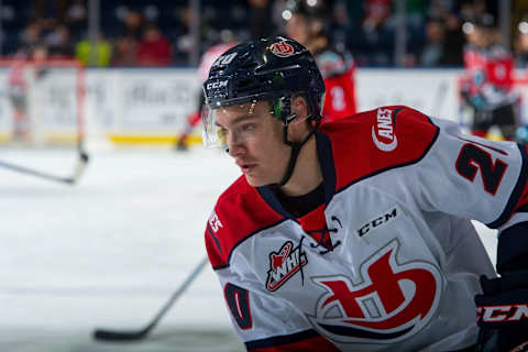 KELOWNA, BC – NOVEMBER 17: Jake Elmer #20 of the Lethbridge Hurricanes warms up against the Kelowna Rockets at Prospera Place on November 17, 2017 in Kelowna, Canada. (Photo by Marissa Baecker/Getty Images)