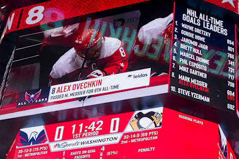 WASHINGTON, DC – FEBRUARY 02: A general view of the scoreboard during the first period of the game against the Pittsburgh Penguins as Alex Ovechkin #8 of the Washington Capitals is recognized for passing Mark Messier for 8th all-time on the NHL goal leaders list at Capital One Arena on February 2, 2020 in Washington, DC. (Photo by Scott Taetsch/Getty Images)